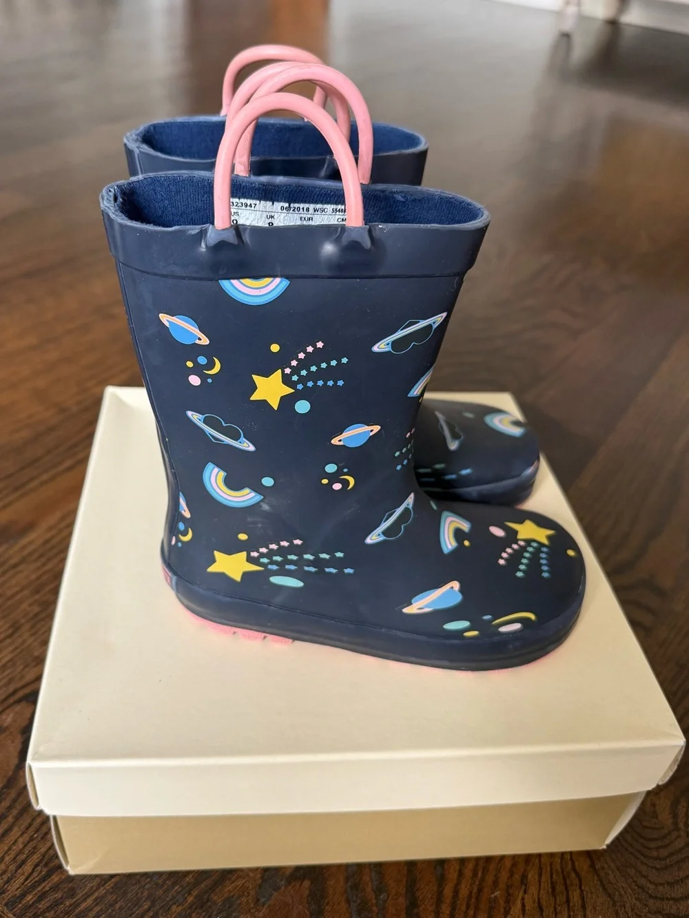 Tucker + Tate Navy Kids Space & Rainbow Rain Boots with Pink Pull Tabs- size 9